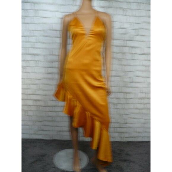 $198 NBD Sunset Golden Yellow That Love Satin Asymmetric Ruffle Gown XS NWT - Picture 5 of 11